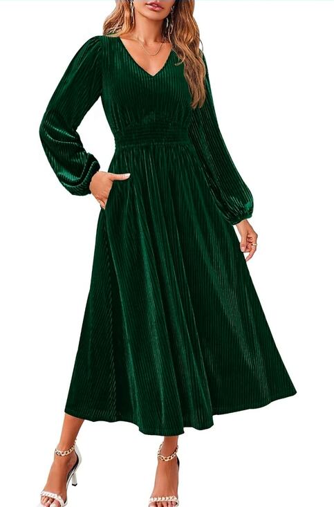 Zesica Dresses & Skirts - Zesica Velvet Dress Midi Green Vneck Long Sleeve Flowy Boho Bridesmaid Fall